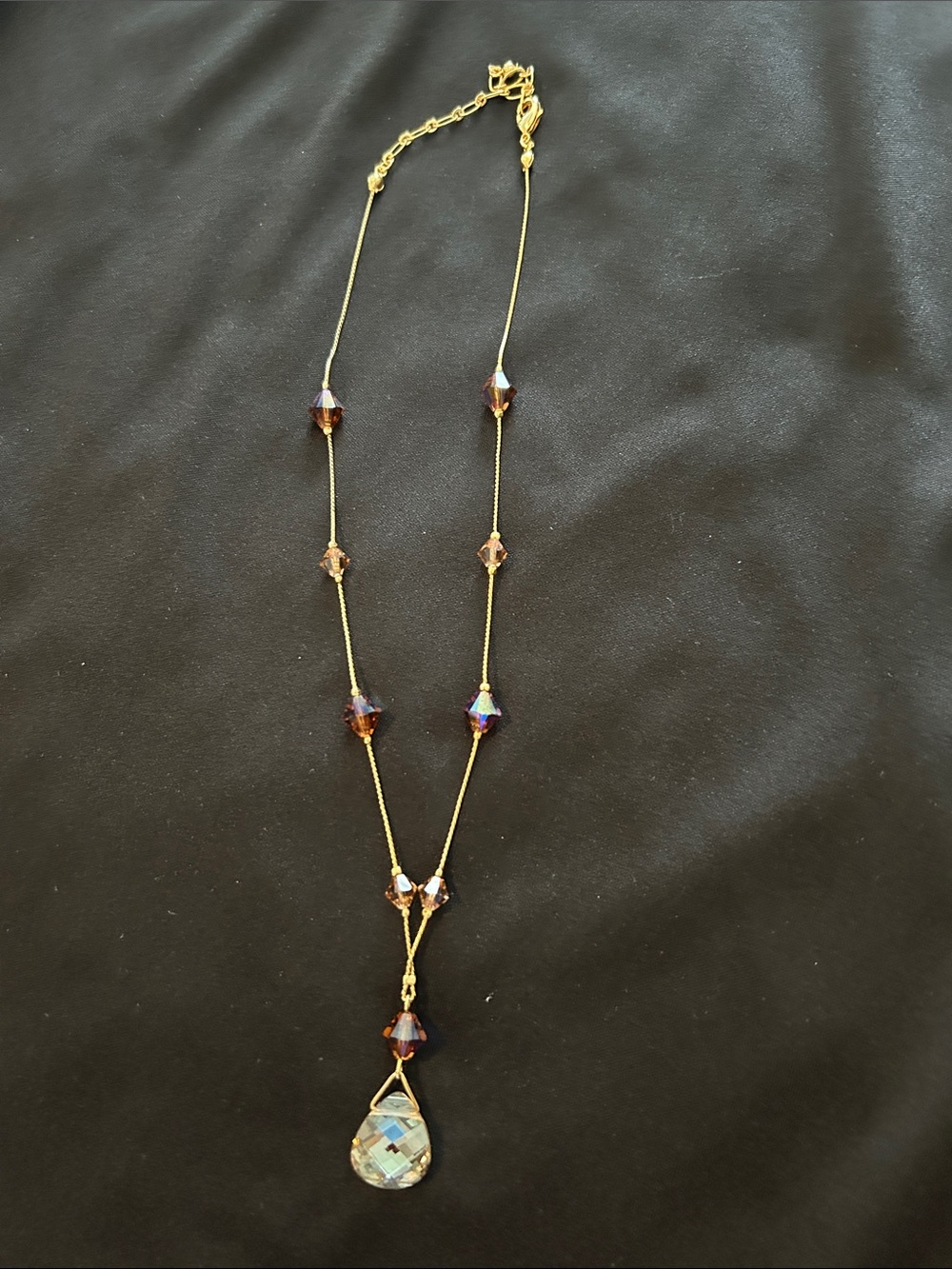 Gold Crystal Teardrop Pendant Necklace - Brown/Iridescent